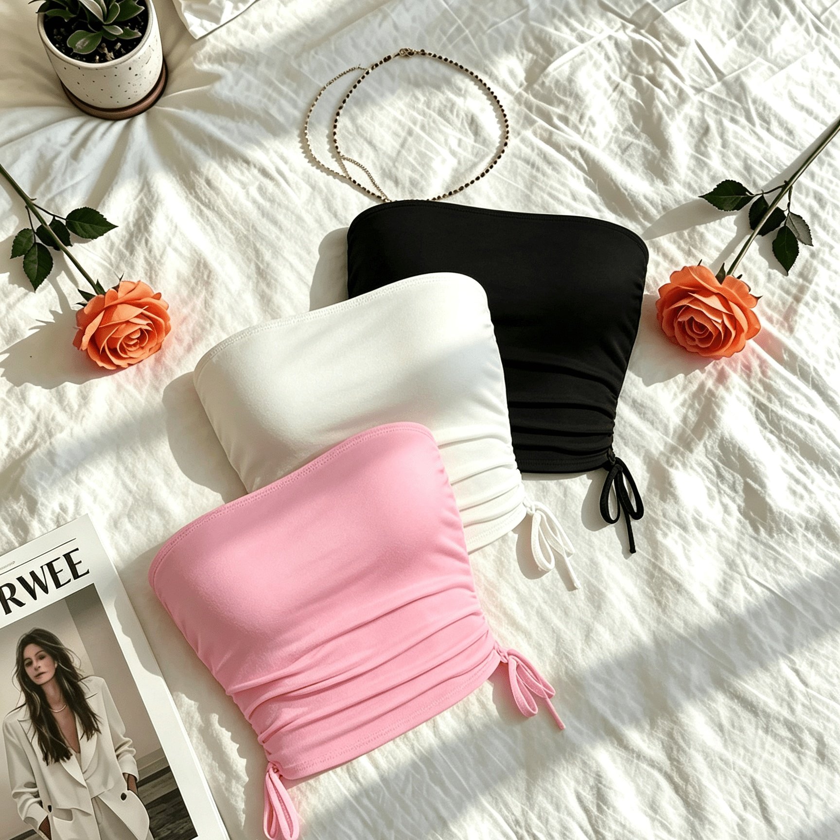 Image of Strapless Tube Top Set Of 3, Women's Polyester Knit Fabric Sleeveless Shirts, Solid Color Bandeau Style Tops With Drawstring Detail For Spring/summer/fall - Polyester 95%, Elastane 5%