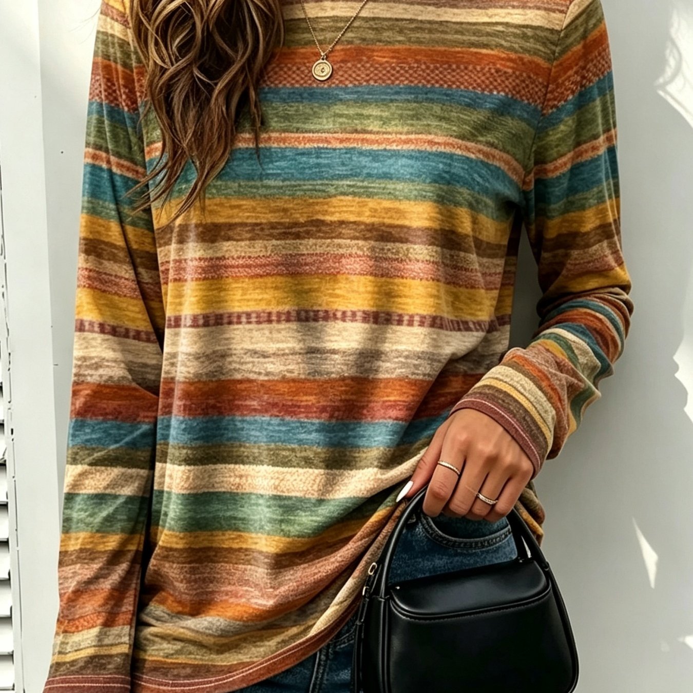 TEMU Women's Long Sleeve T-shirt, Tone Horizontal Stripe Bohemian Style Spring/autumn Casual Long Sleeve T-shirt, Machine Washable