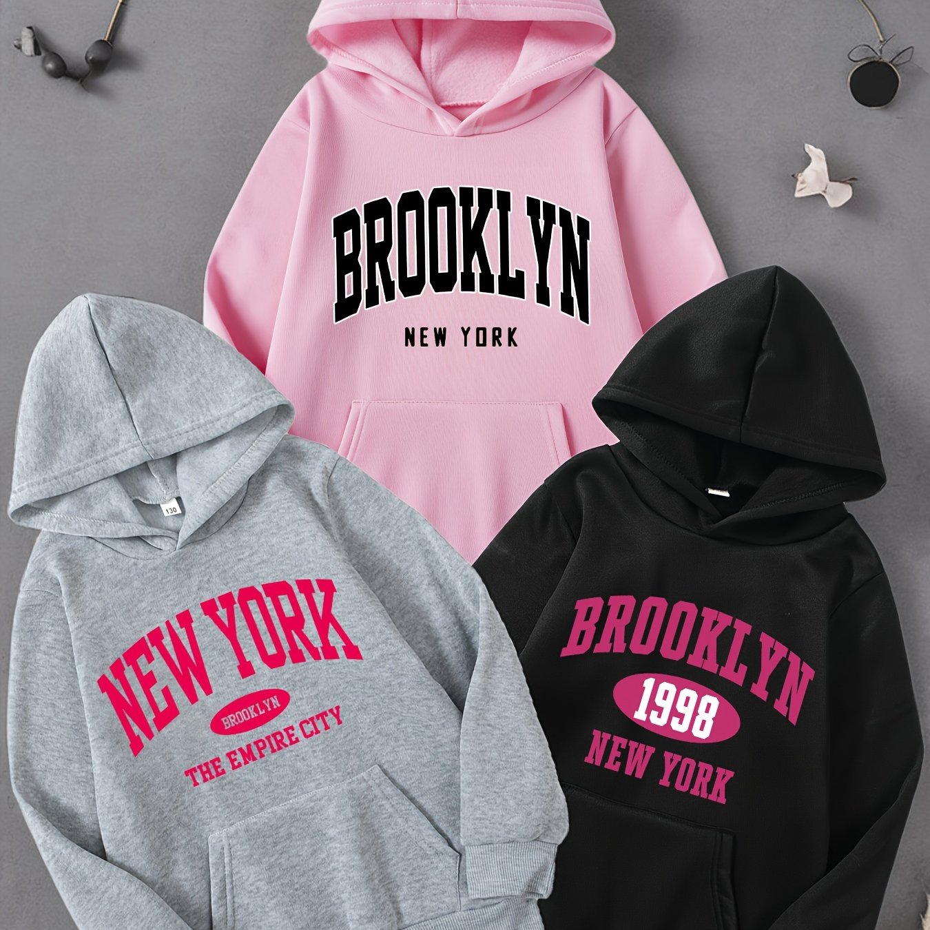 Image of " Brooklyn" Fashion Letter Print Girls' Hoodie Autumn Winter Comfortable Casual Hooded Sweatshirt 3pcs Set