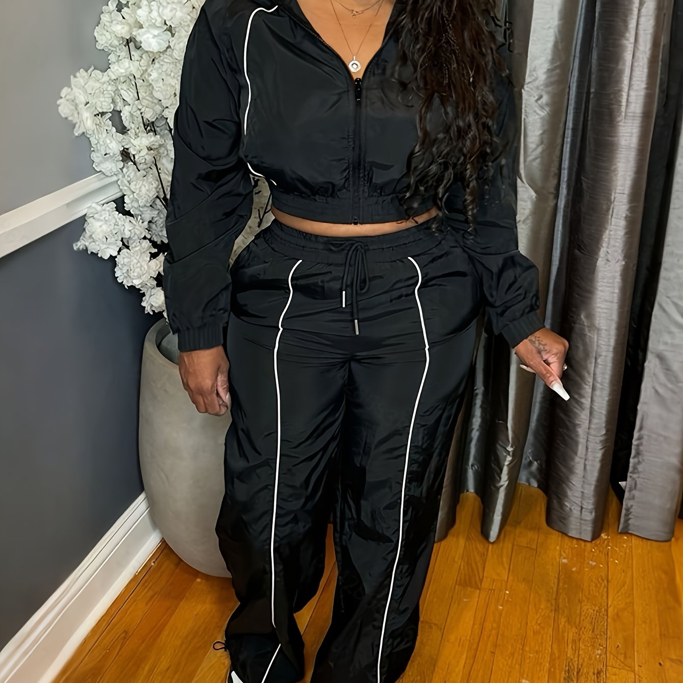 TEMU Women's -block Zip-up Jacket And Wide-leg Stretch-waist Jogger Pants 2pcs Set, Suitable For S And Casual