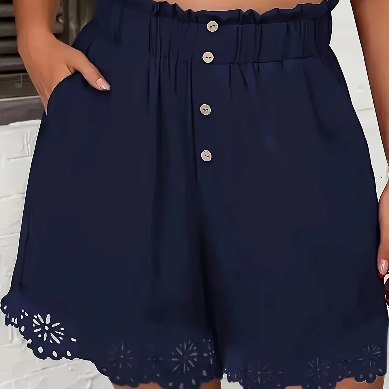TEMU Plus Size - Plus Size - An Elegant Pair Of High-waisted Pocket Shorts For Women, Made From Fabric. Casual Shorts Feature Floral Lace Details And