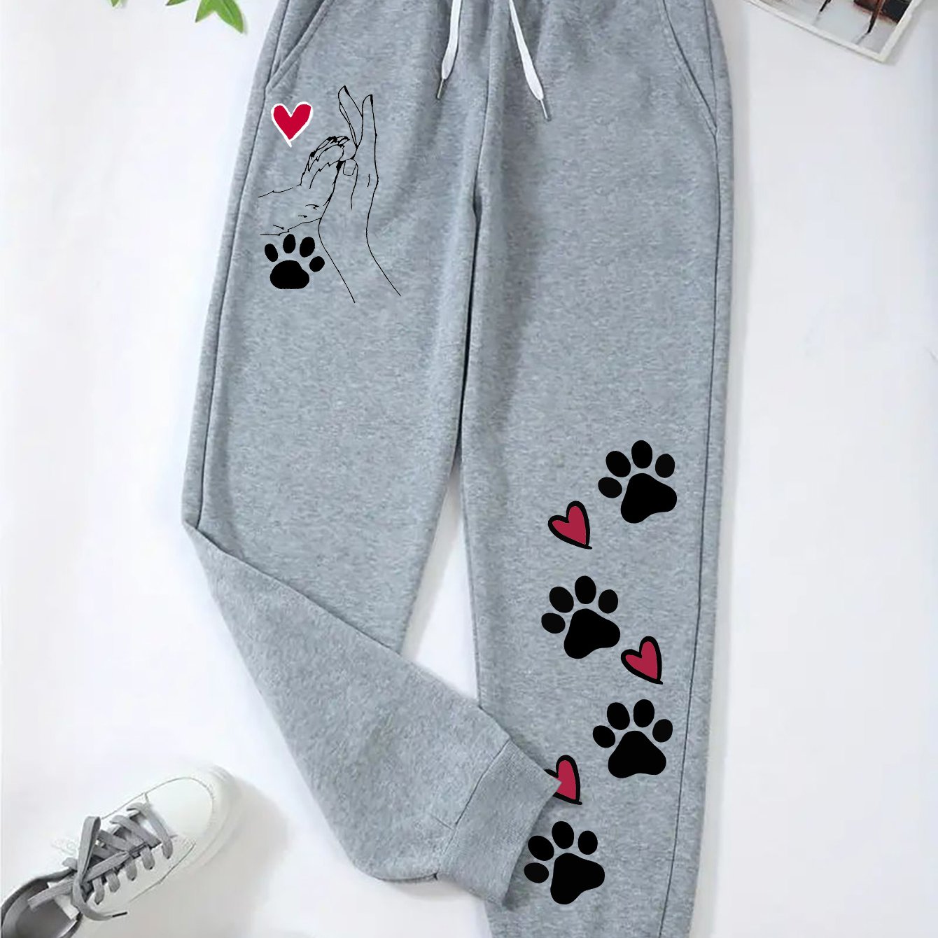 TEMU Plus Size - Plus Size - Plus Size Women's Paw Print Heart Patterned Casual Elastic Waist Joggers - Comfortable Loose Fit, Machine Washable With
