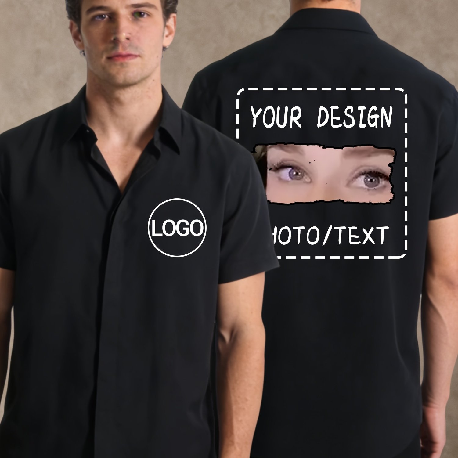 TEMU Men's Customizable Shirt - Personalized Logo Design, Custom Printed Photo Logo, Summer Short Sleeve, Button-up, Team Uniform | Solid Color Top |