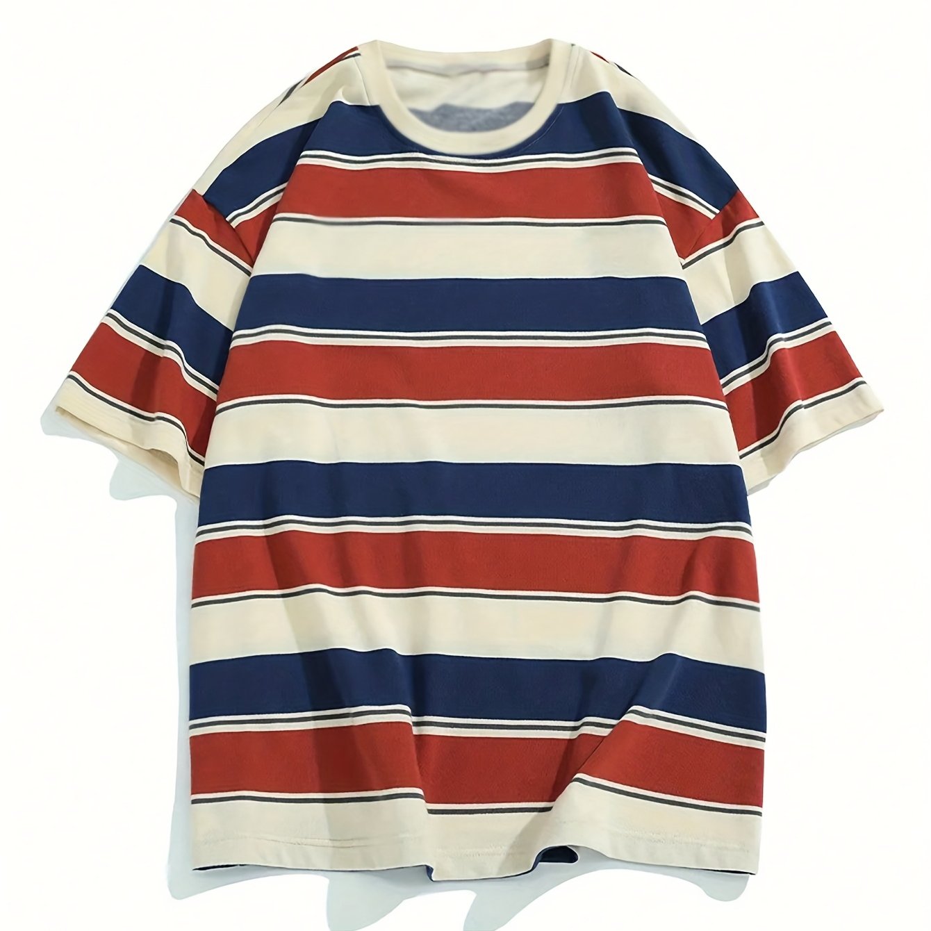 Image of Men's Spring Summer Autumn Striped Casual Drop Shoulder Crew Neck T-shirt, Suitable For , Holidays And Daily Wear, 100% Polyester, Machine Washable . Jt6365