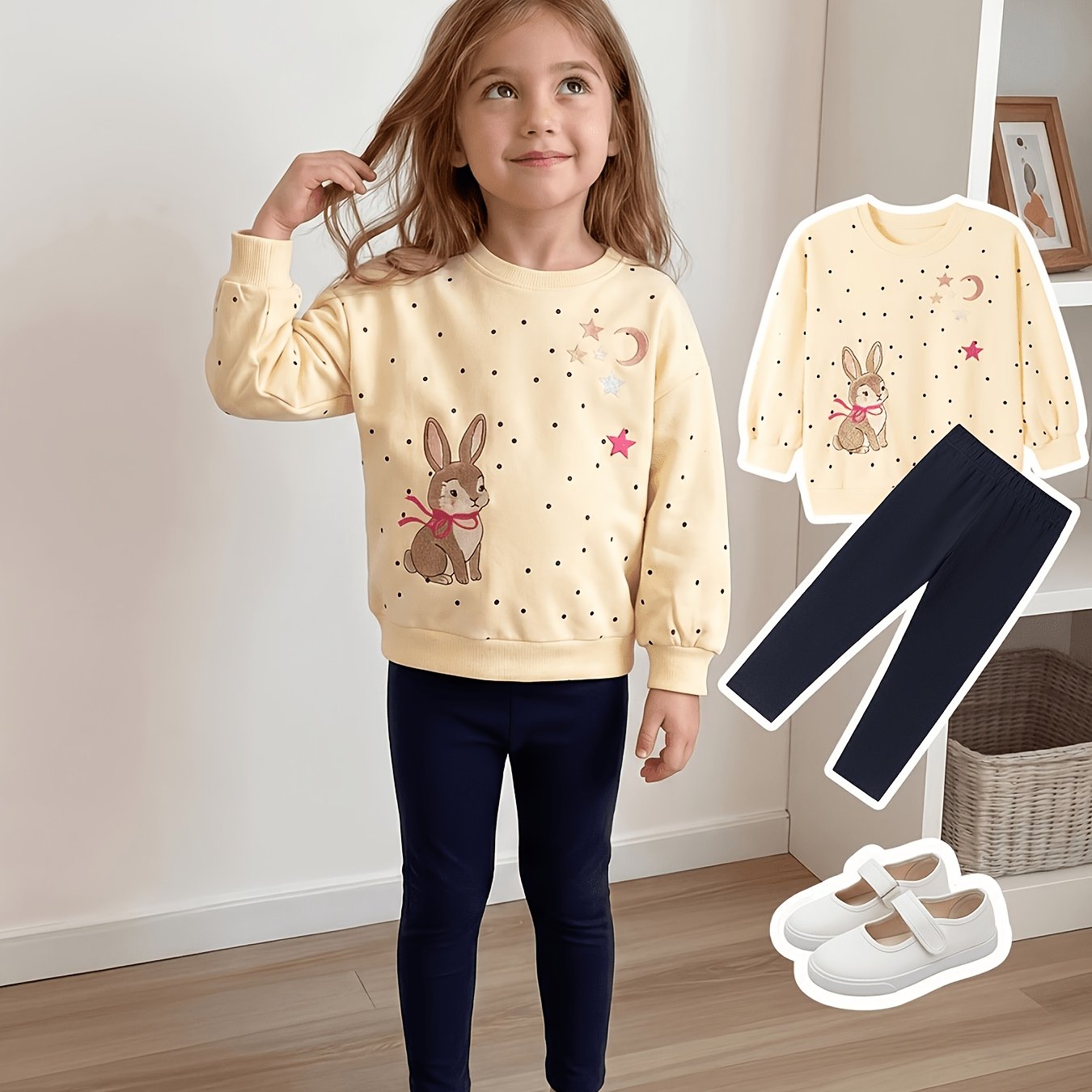 Image of Girls' Crew Neck Sweatshirt And Pants Set, Cartoon Bunny Polka Dot Long-sleeved Two-piece Set, Autumn And Winter Outdoor Sports And Casual Wear, For Outdoor