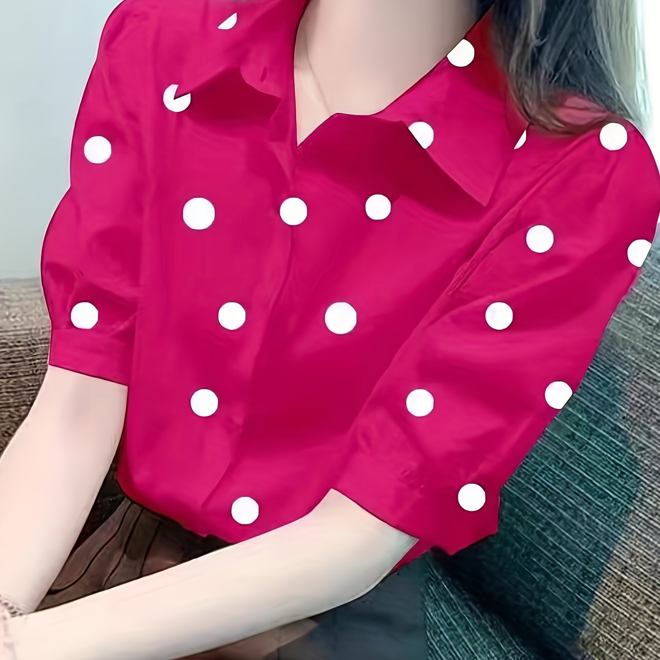 TEMU 女性用シックなポルカドットブラウス、パフスリーブ付き - ボタンアップ、ラペルカラー、軽量の夏用シャツ、カジュアルまたはオフィスウェア、ポリエステル素材、ボタン詳細、ポルカドット柄、レギュラーレングス