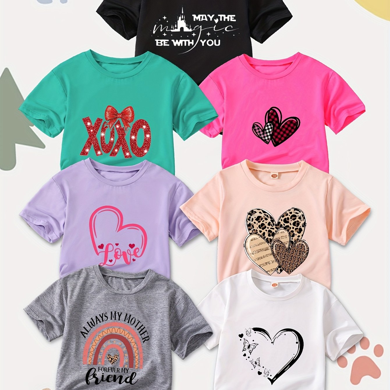 E-shop 7er-Set Sommermode Bedruckte Mädchen-T-Shirts, Hautfreundlich und Bequem, Erschwinglich, Kurzarm-Oberteile mit Rundhalsausschnitt