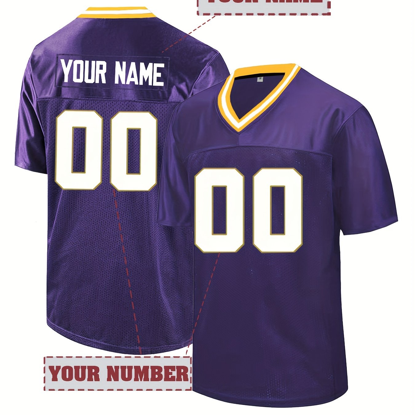TEMU Customizable Name & Number Men's Football Jersey - Breathable 100% Polyester V-neck Loose Fit Rugby Shirt For , Casual Wear & Sports Events