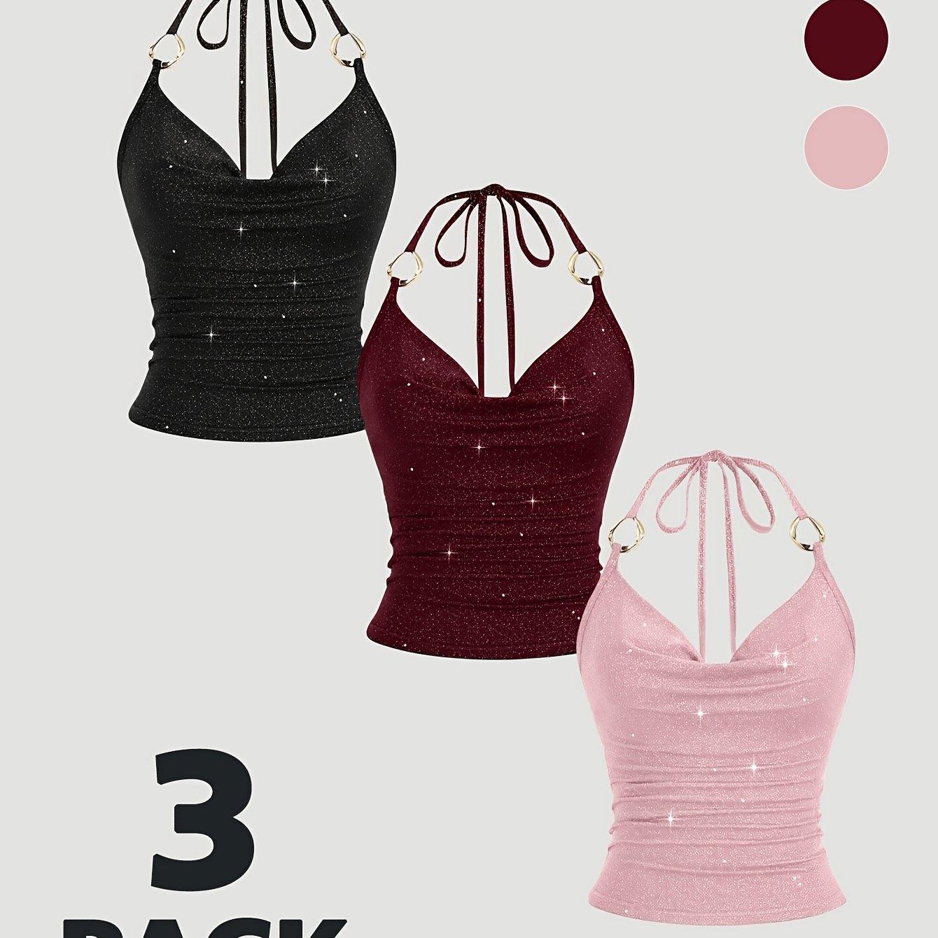 E-shop 3-teiliges Halterneck-, Rüschen-Ausschnitt und rückenfreies Design, bequemes und vielseitiges Alljahreszeiten-Mode-Essential, Single-Wear- oder
