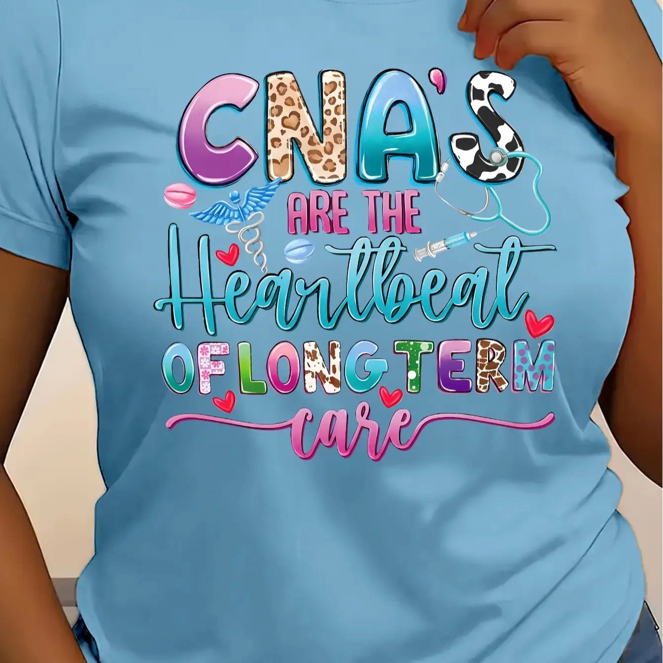 TEMU Women's Cna Nurse -themed T-shirt - Cna's Heartbeat Monitor & Ekg Print Short Sleeve Top, Healthcare Worker Apparel, Casual Round Neck Tee For