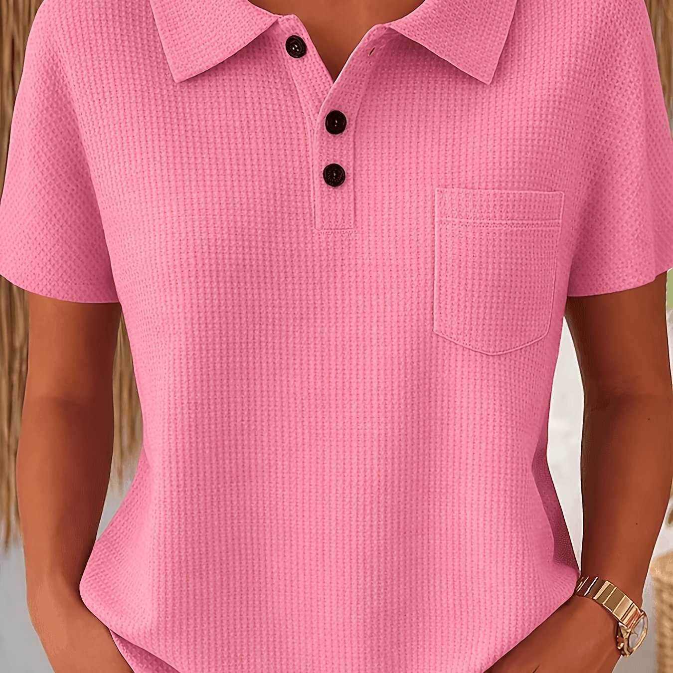 TEMU Polo à Manches Courtes pour Femme, Haut à Couleur Unie Effet , T-Shirt Décontracté Boutonné avec Poche, Mode Occidentale Polyvalente pour les