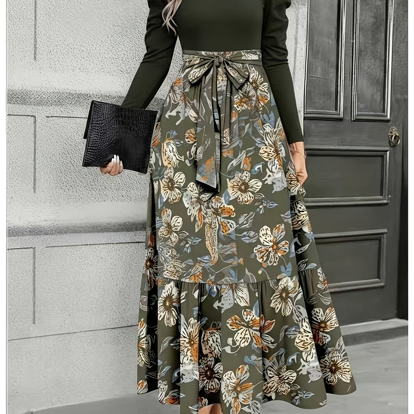 TEMU Elegant Everyday Casual Military Green Floral Print Long Sleeve Maxi Dress For Women | Vintage Elegant Style, Suitable For Daily , Light