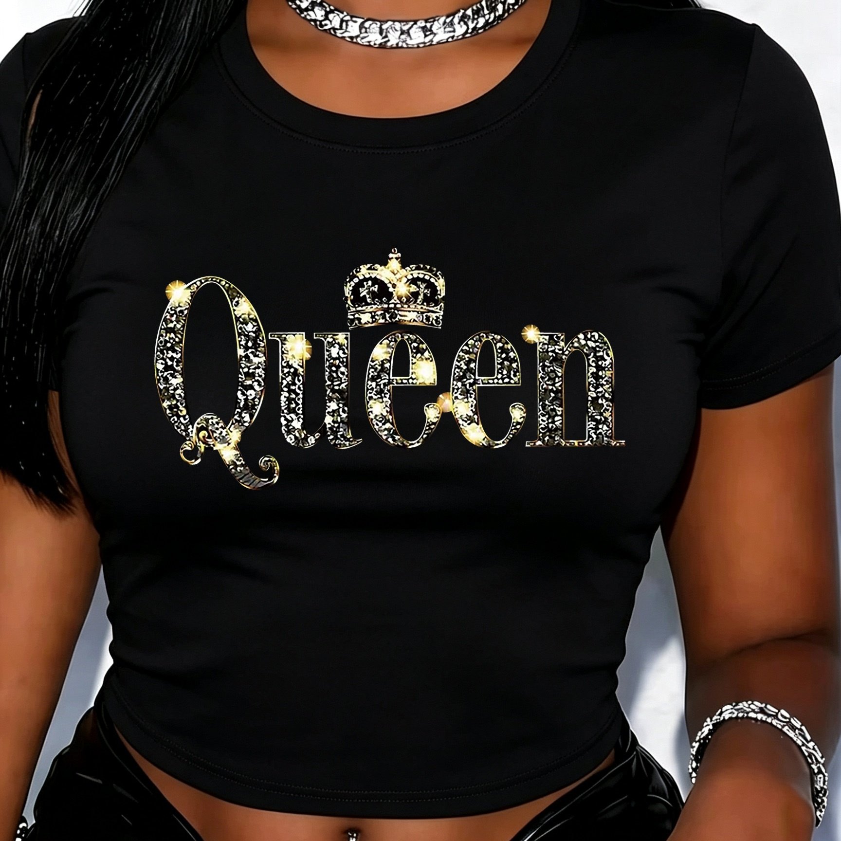 TEMU Women's Graphic T-shirt With Rhinestone Crown Detail - Stretchy Cropped Short Sleeve Round Neck Top For Spring Summer Outfits, Ladies T Shirts