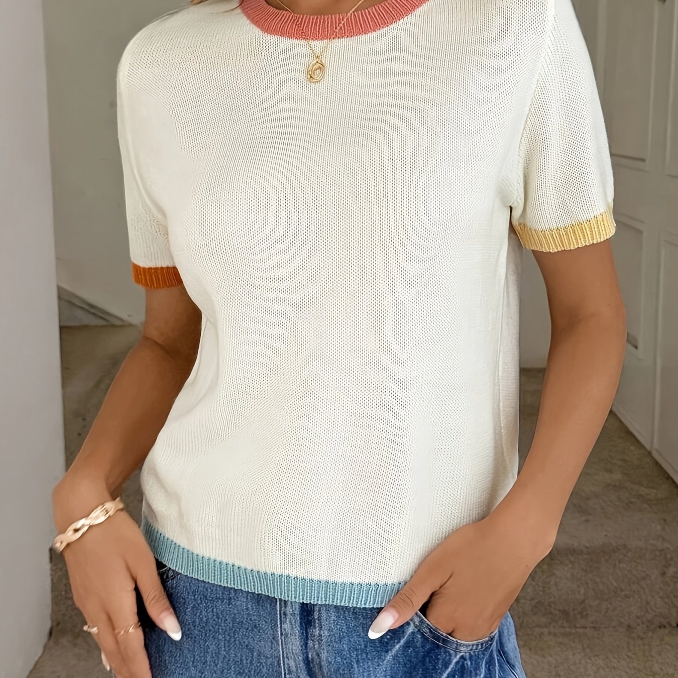 TEMU Ladies' Sweater | Fashionable Short-sleeve Casual Elegant Pullover With Crew Neck And Color Block Details | Medium Stretch Fabric, Pleated Hem,