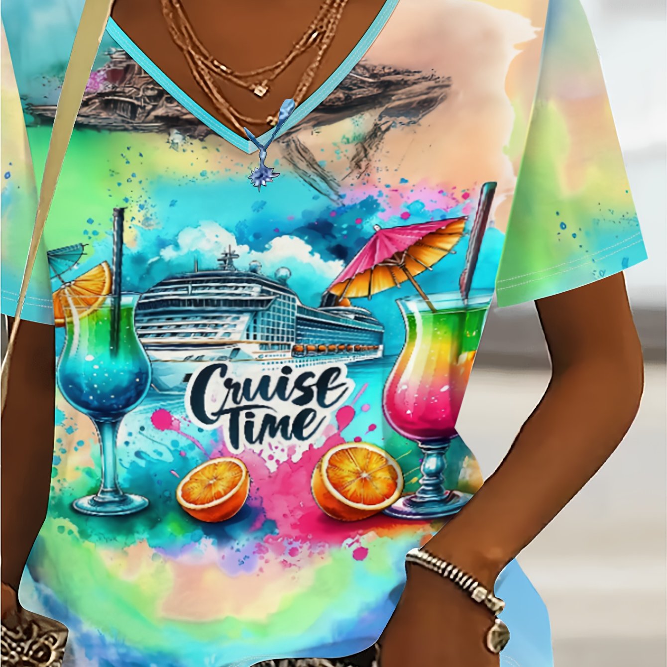 TEMU Plus Size, Plus Size Women's V-neck Short Sleeve T-shirt, Cruise Island Vacation Watercolor Print Top, For , Shopping, Parties, Commuting, Home,