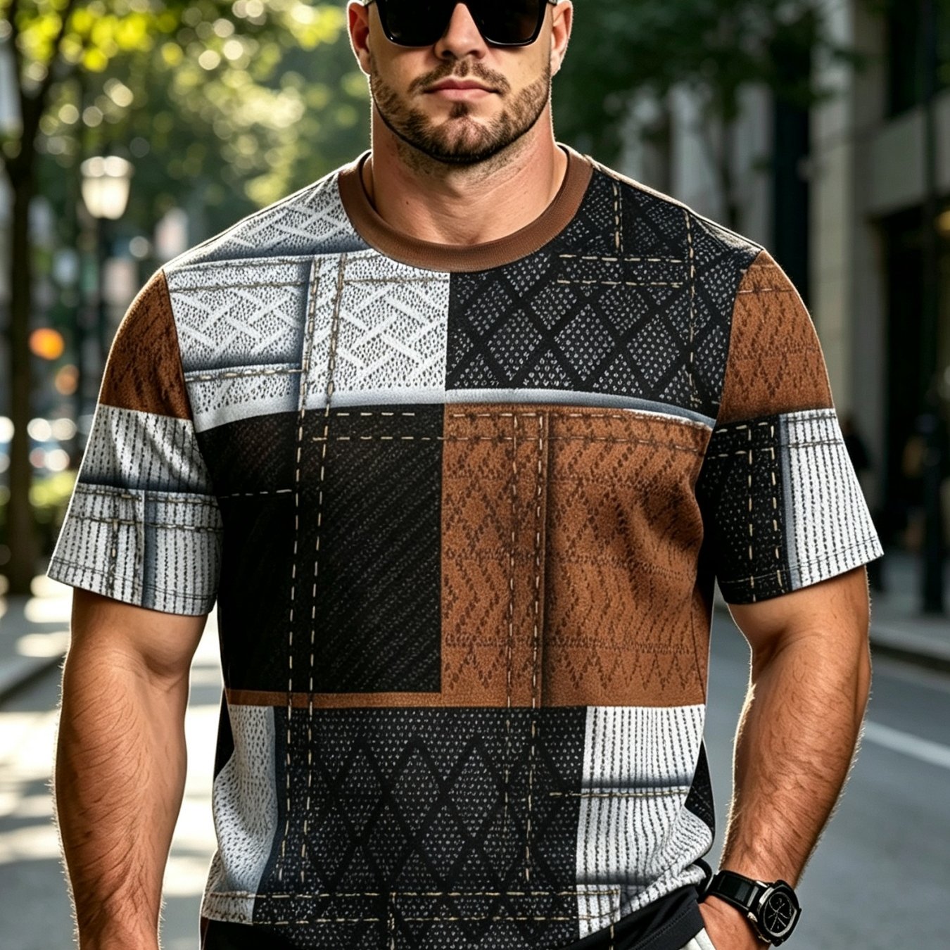 TEMU [printed Design - Not Textured] Men's Fashion Casual T-shirt - Plus Size Crew Neck Short Sleeve, Casual Pattern Print, Comfortable And Versatile