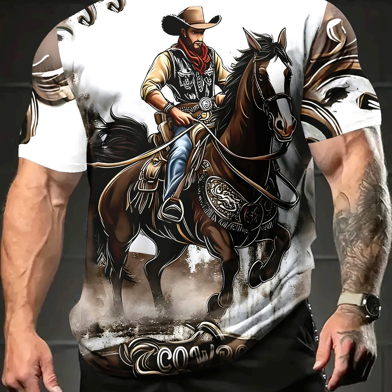TEMU Men's T-shirt Featuring A Stylish Summer Design Of A Cowboy On , Casual Wear With Short Sleeves