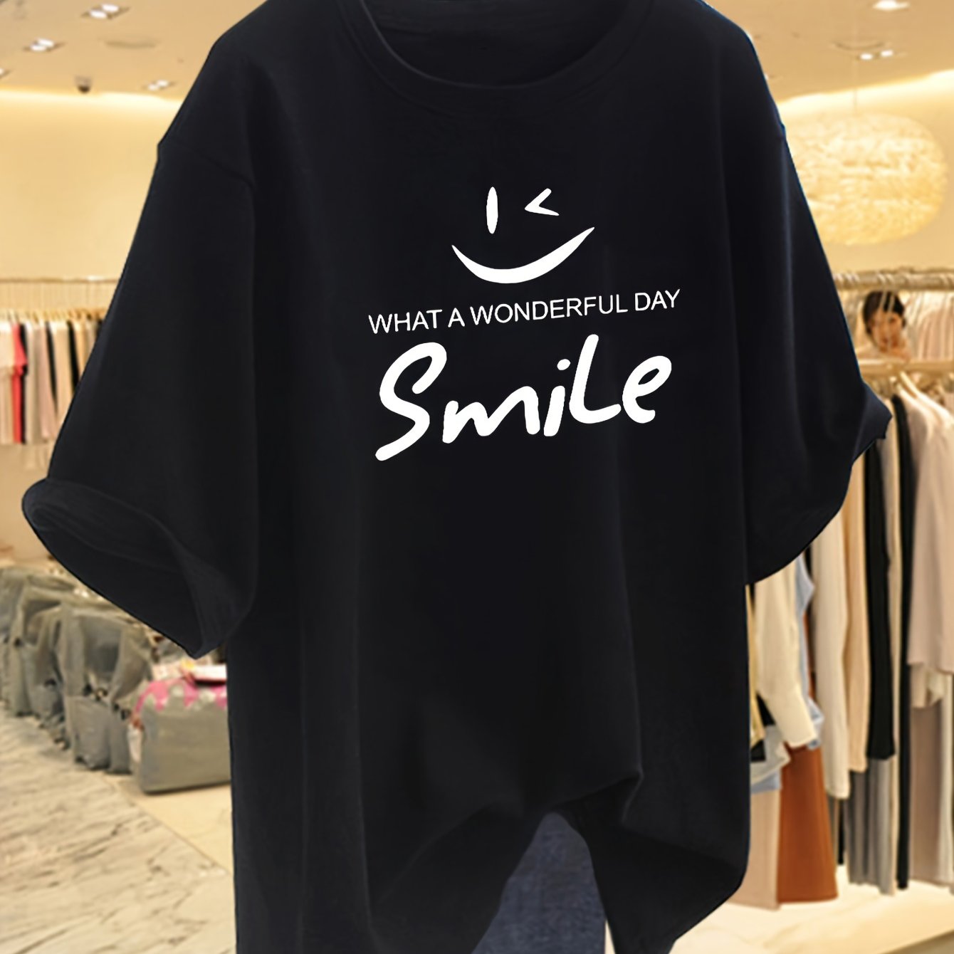 Image of Plus Size, Women's Y2k-style T-shirt, What A Wonderful Day! Featuring A Round Neck Design With A Smiling Pattern, Fashionable Yet Casual, A Short-sleeve Top.