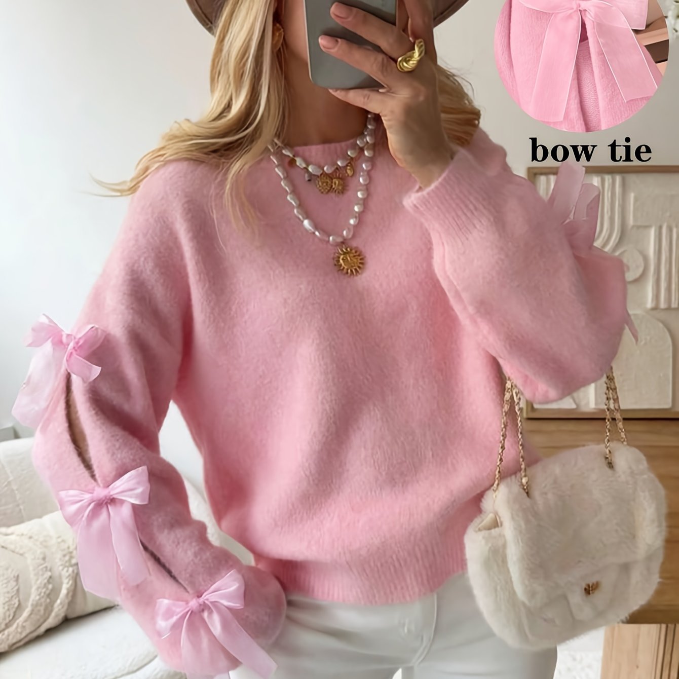 E-shop Damen Herbst Winter Elegante Pendler Freizeit Street Style, Einfach und Trendig, Alltagskleidung, Ärmel mit Schleifendetail Design Warmes Rosa