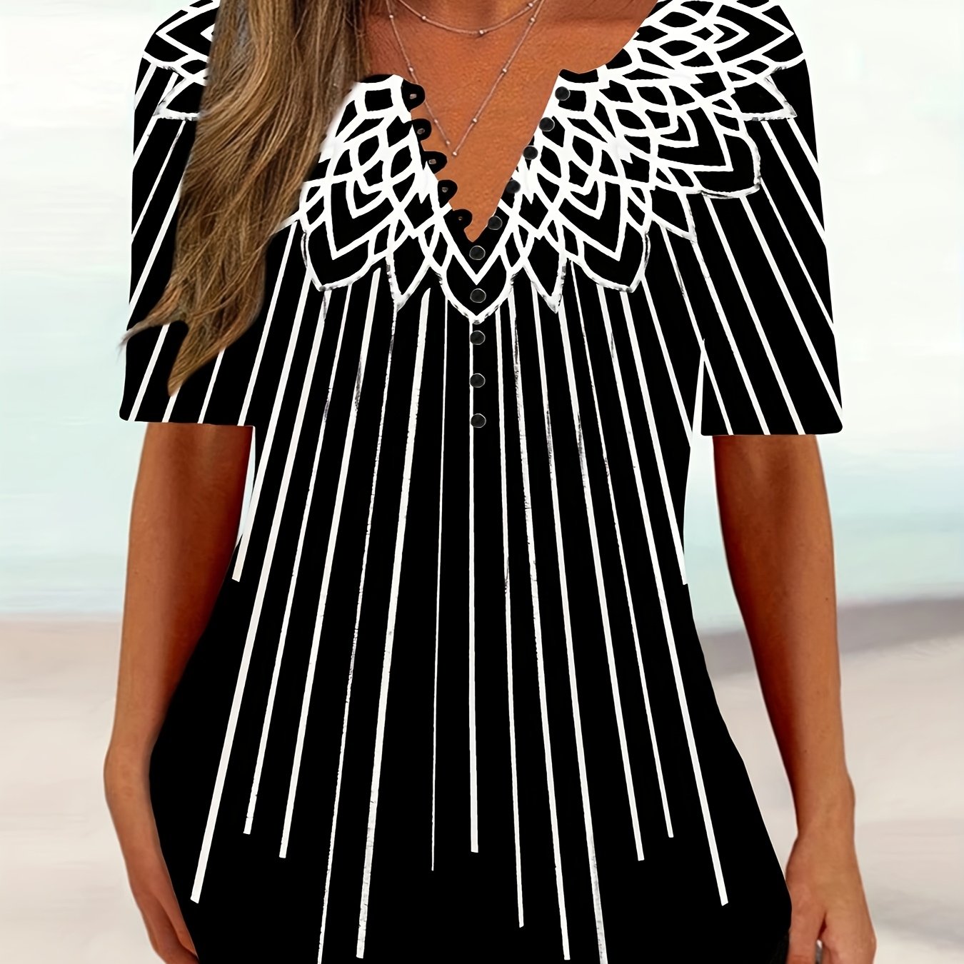 Plus Size, Plus Size Casual Elegant Top, Women's Plus Size Random Button Short Sleeve V-neck Top