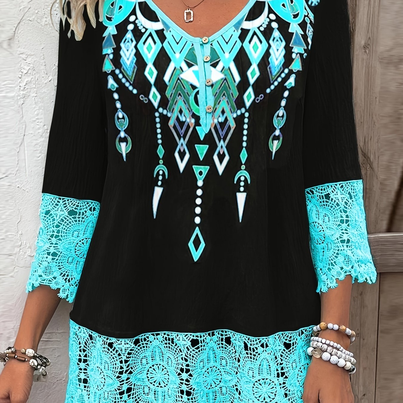 Image of Printed Pattern & Lace Detailing - 3/4 Sleeve, Polyester, Machine Washable - Ideal For Spring/fall, Print Pattern, Lace Buttons, Blouse