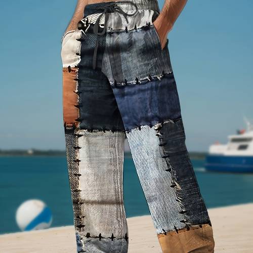 mens bohemian print drawstring wide leg pants lightweight polyester loose fit casual trousers with geometric pattern for spring summer fall beach outdoor activities