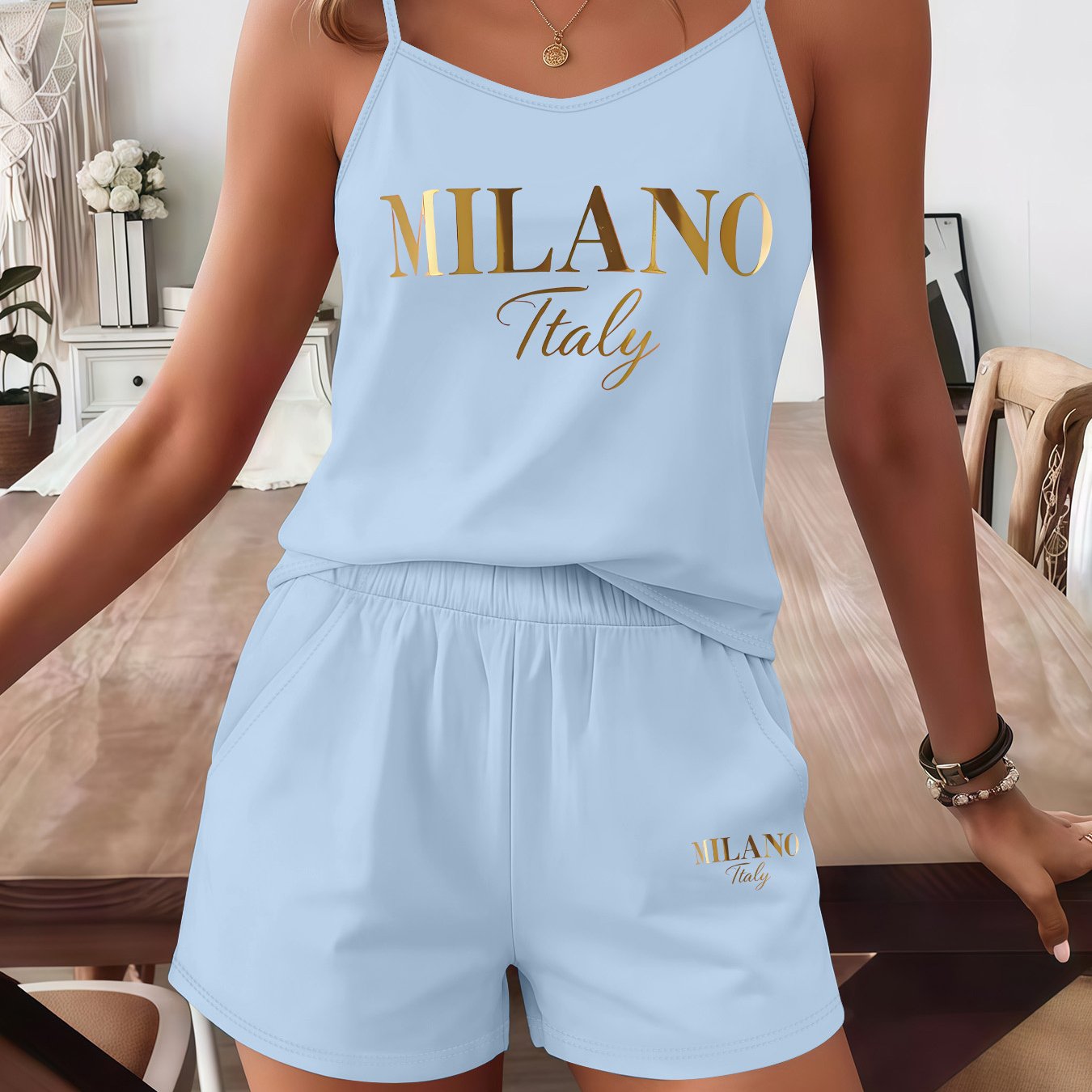 TEMU 2026 New Casual Spring Summer Women's Text Pattern Printed Thin Strap Sleeveless Vest And Elastic Waist Shorts 2pcs Set