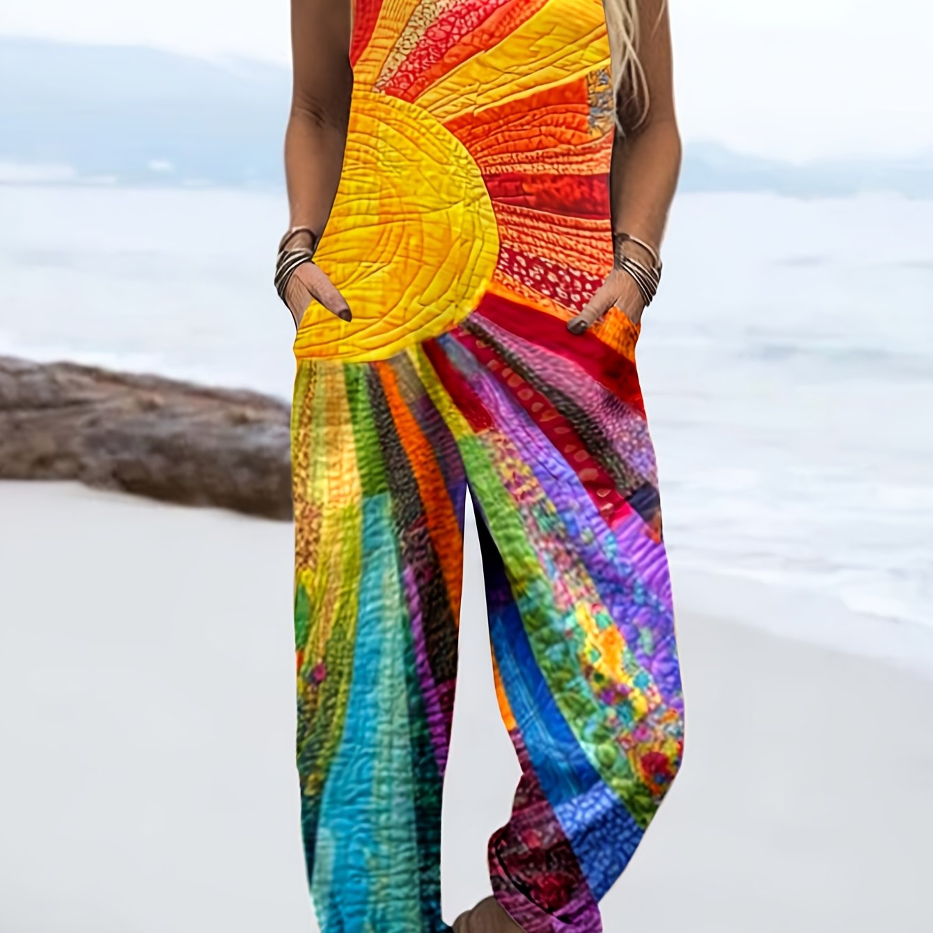 E-shop Damen-Overall mit Sonnen-Wind-Druck für Frühling/Sommer, Strampler im Strandausflugs- Urlaubsstil mit , vielseitiger bequemer