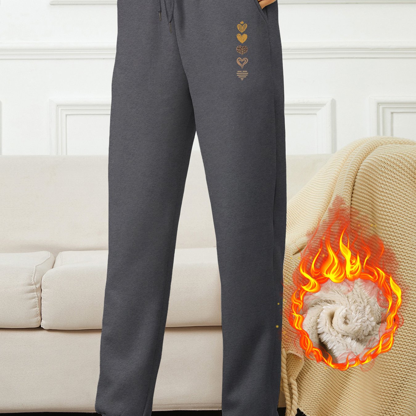 TEMU 2026 New Daily Comfortable Western Autumn Winter Casual Five-heart Pattern Element Print Thickened Fleece Drawstring Adjustable Waist Trousers