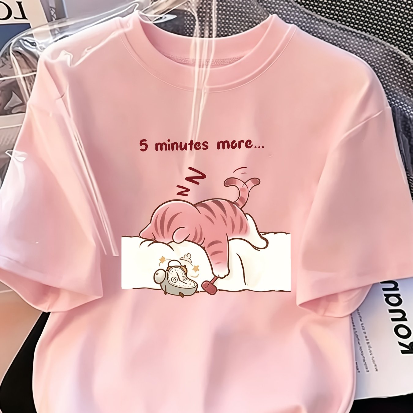 TEMU Grande Taille - Grande Taille - T-shirt d'été à manches courtes et col rond pour femmes, imprimé de lettres anglaises "Chat ", idéal pour l'été,