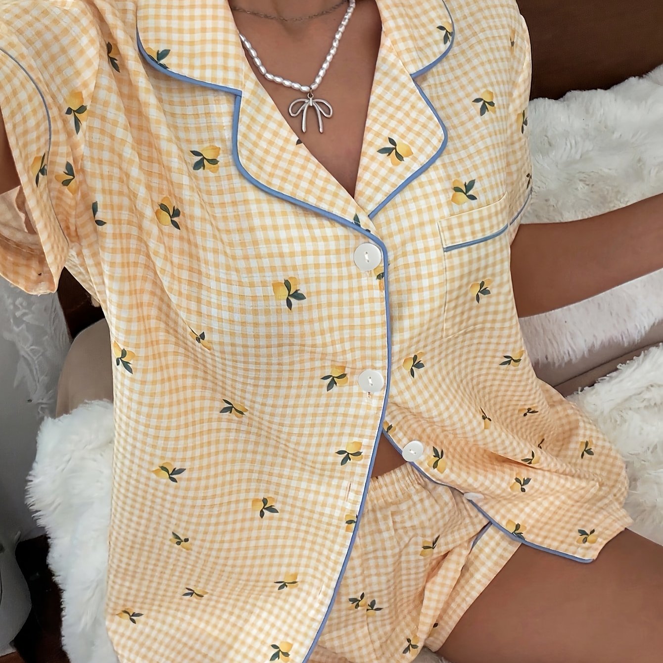 TEMU Snug Cottage Women's Checkered Printed Button-front Short Sleeve Shorts Pajama Set