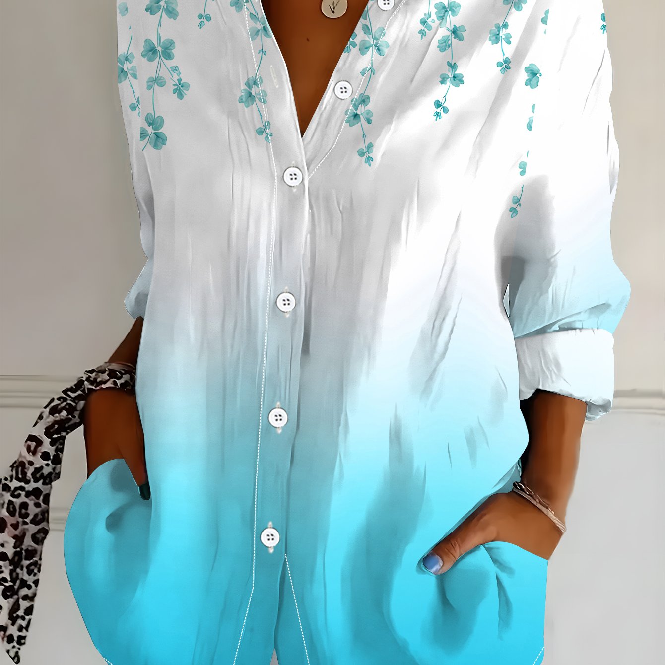 TEMU Plus Size - Women's Long Sleeve Shirt, ' Printed Blouse With Trim, Women's Floral Shirt In Blue And White Ombre, Women's Casual Shirt, Soft And