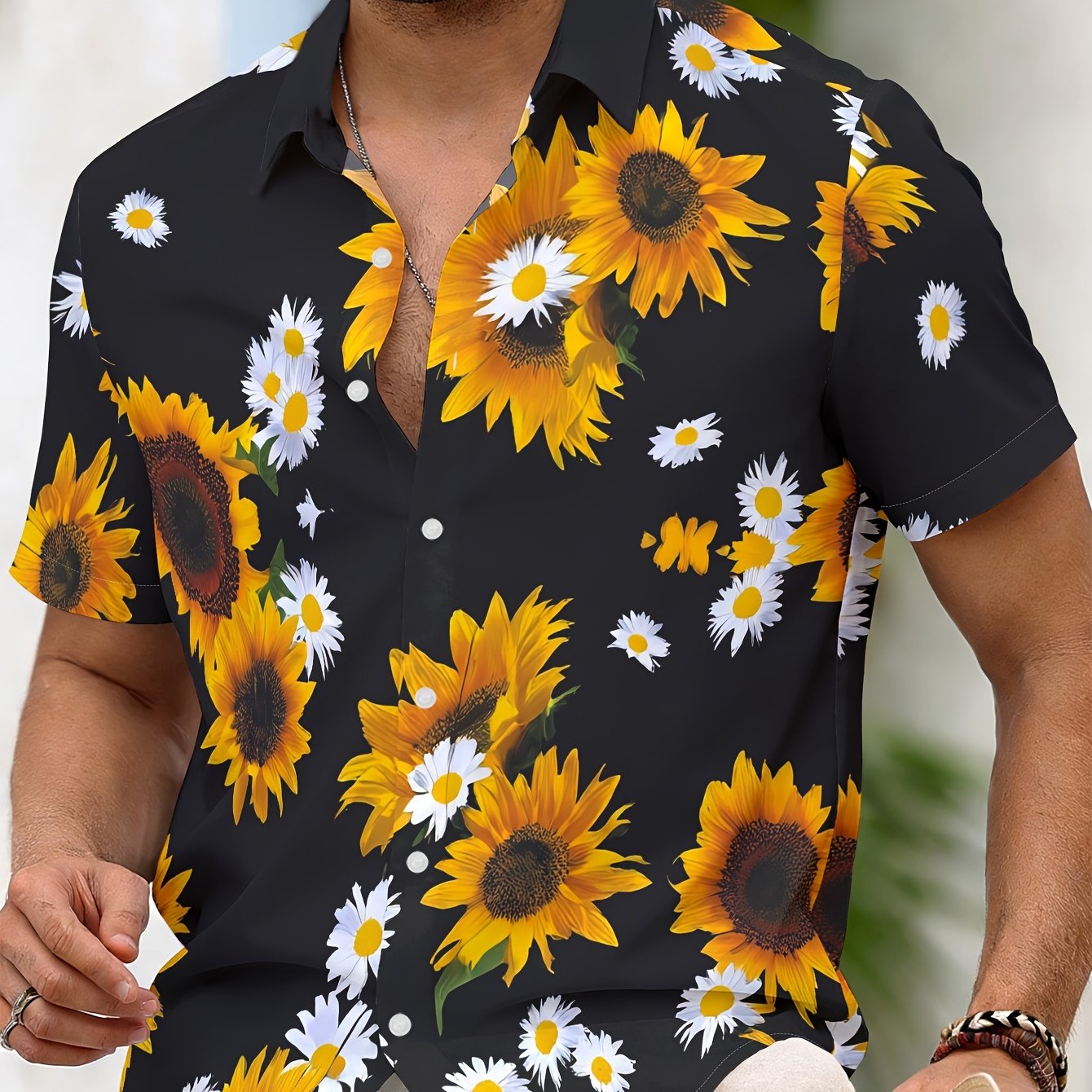 TEMU Men's Casual Sunflower Print Short Sleeve Shirt, Summer Regular Style Trendy Botanical Pattern