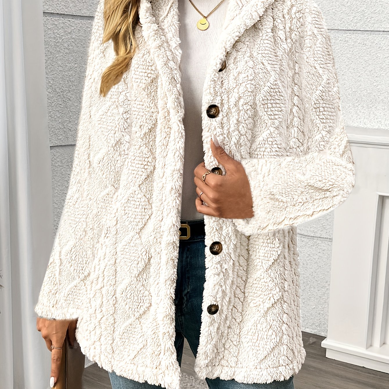 TEMU Women's New Elegant Diamond Pattern Side Decorative Button Wool Teddy Bear Coat Hooded Jacket Warm Outerwear