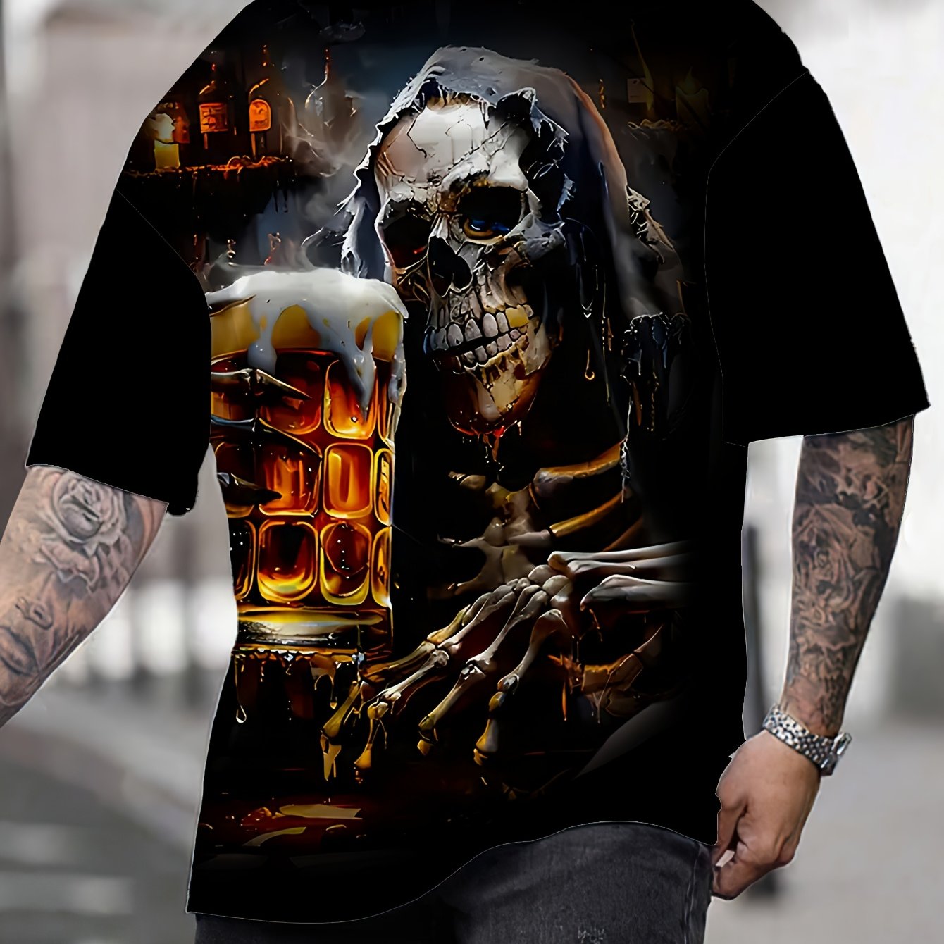 Image of Men's Plus Size Skull& Beer Print T-shirt- Casual Crew Neck, Short Sleeve, Tee With Detail, Plus Size Tshirts, Plus Siz