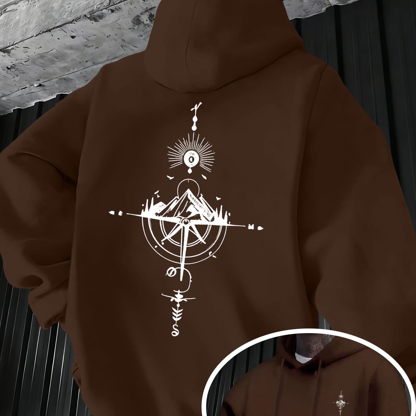 TEMU 2026 New Style Trendy Printed Compass Mountain Hooded Sweatshirt, Fashionable Hoodie, Suitable For Fitness, Streetwear, Ideal For Gifting, Y2k