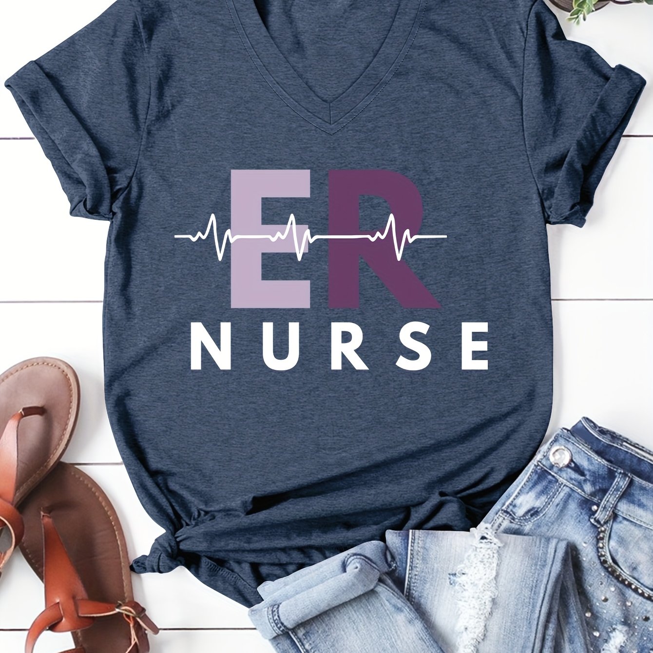 TEMU T-shirt décontracté à col en V pour femme, style européen et américain, en stock, pour infirmière aux urgences