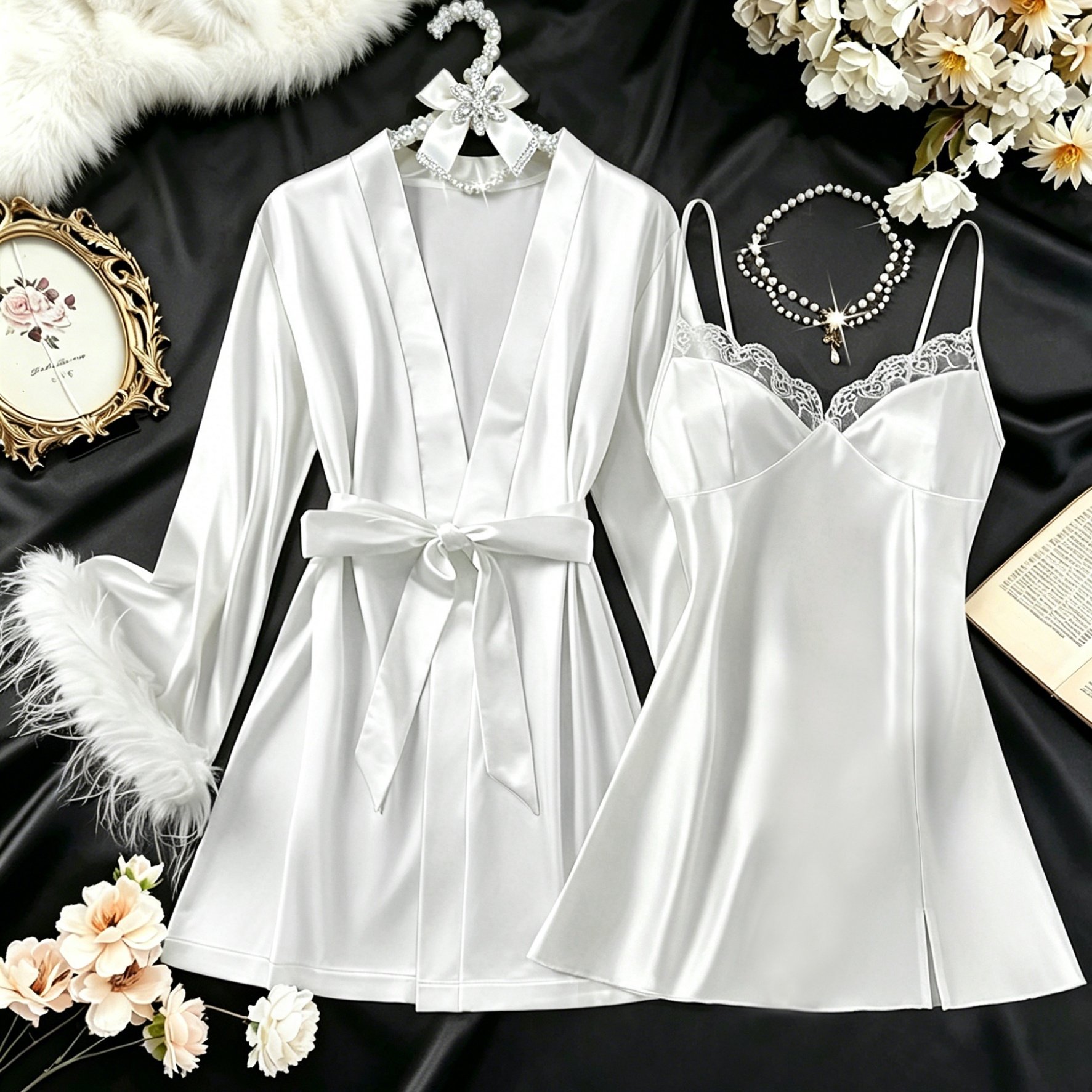 TEMU Conjunto de 2 piezas de albornoz de novia para mujer, bata , camisón y cinturón, elegante ropa de estar por casa de encaje floral