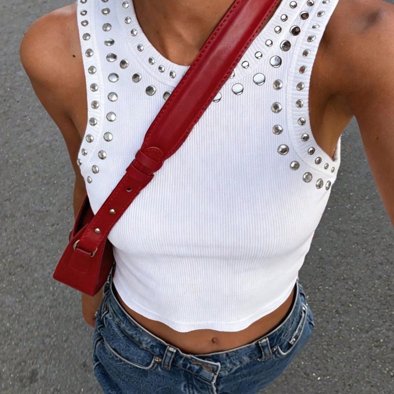 TEMU Willow Nail Bead Decor Street Style Women's Vest, Fashion Short Top