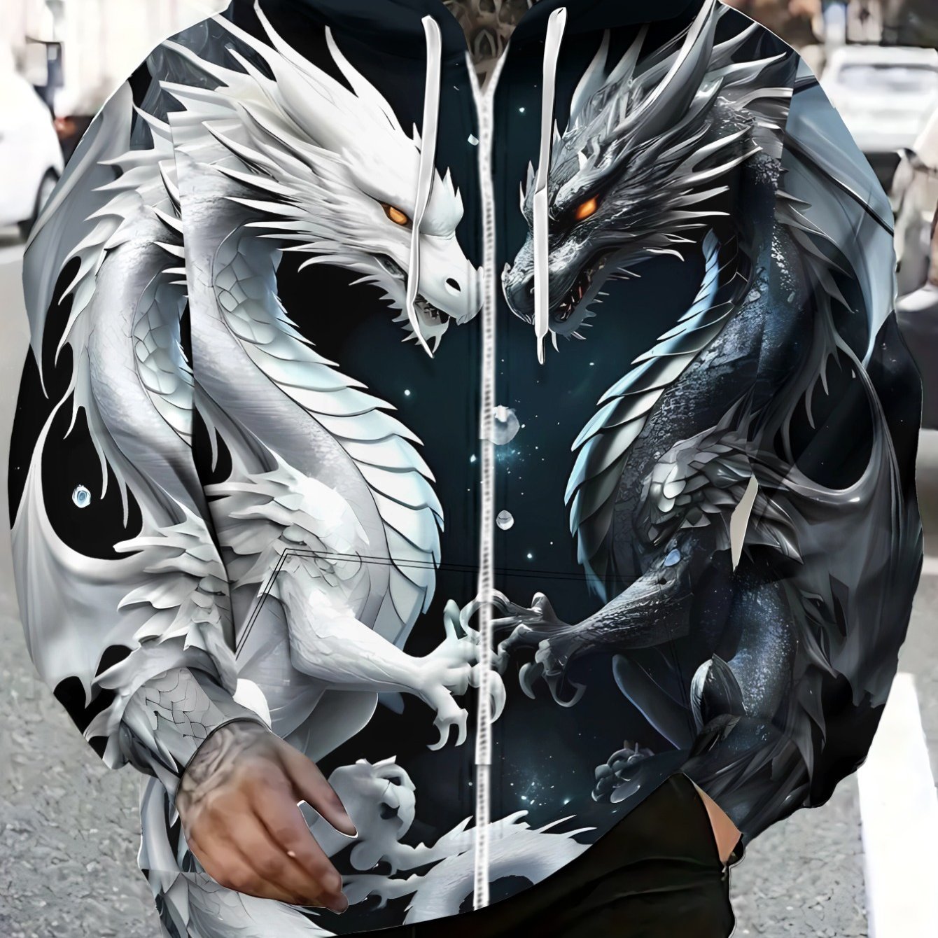 Image of Men's Zip-up Hoodie Made Of With A Dragon Print, Suitable For Outdoor Activities. Lightweight And Durable, Making For Travel. The Intricate Black And Is Perfect For Casual In Parks Or