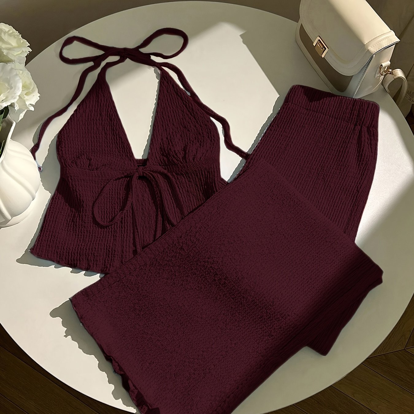TEMU Elegant Fashion Spring Women's Halter Neck Backless Waist-cinching Top Loose Wide-leg Long Pants Beach Pool Two-piece Set Asd1