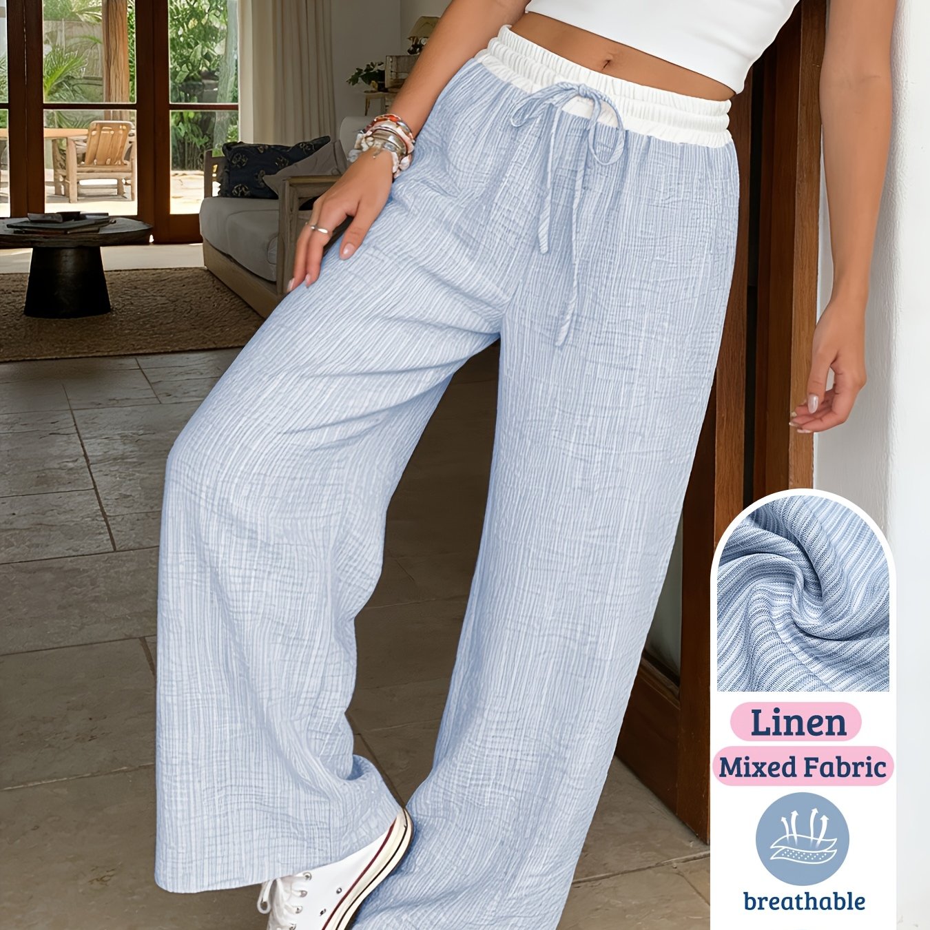 E-shop Damen Freizeithose mit farbigem Webmuster, vertikalen Streifen, Kordelzug weitem Bein für Ausflüge Zuhause, elastischer hoher Bund, lockere