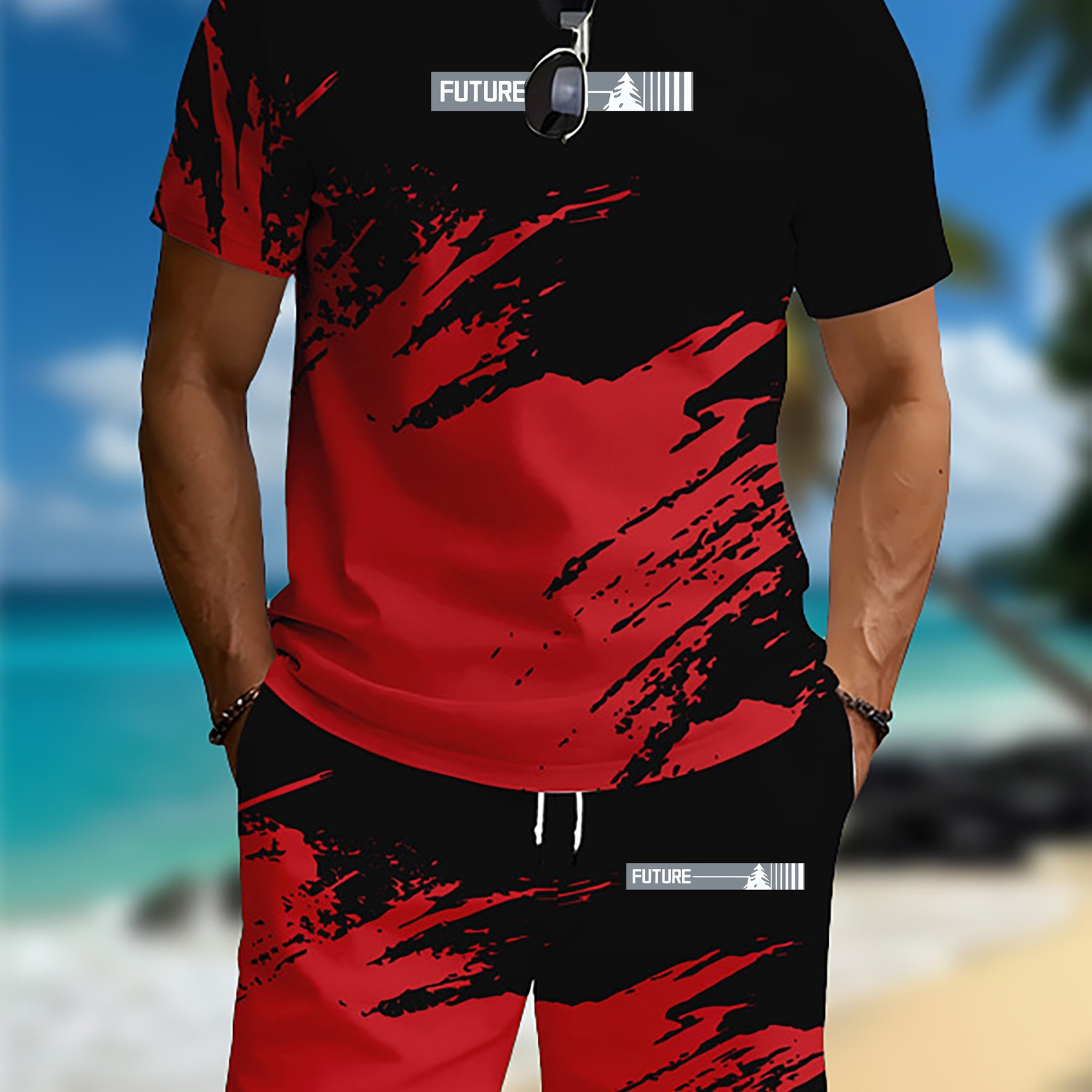 TEMU Ink Splash Men's Summer Sportswear Set, Short Sleeve And Shorts 2pcs Set, Trendy Brand Casual Beachwear With Letter And Pine Tree Print, Black