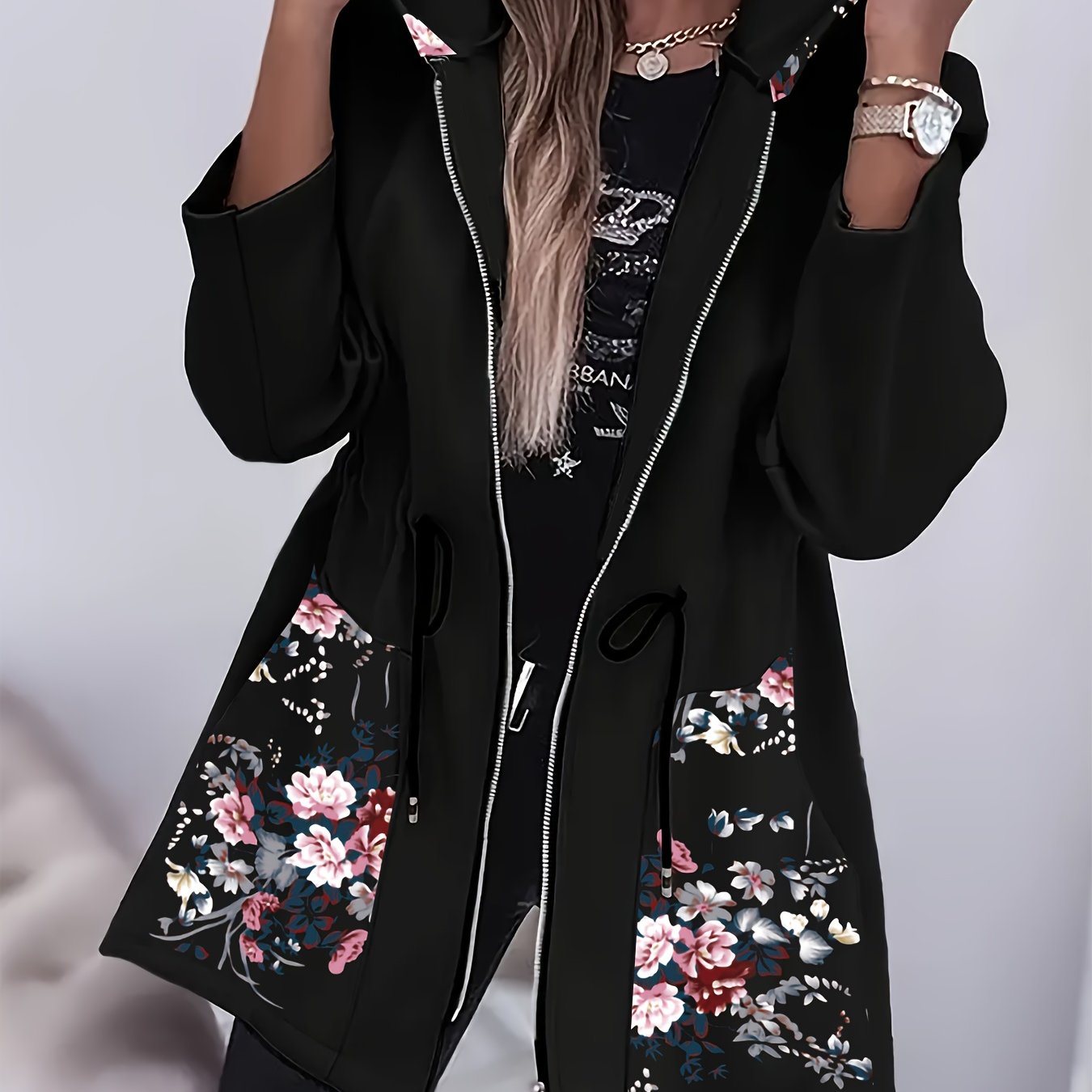 Elegant Warm Women's Hat Pocket Printed Casual Jacket - Hot Item Extension