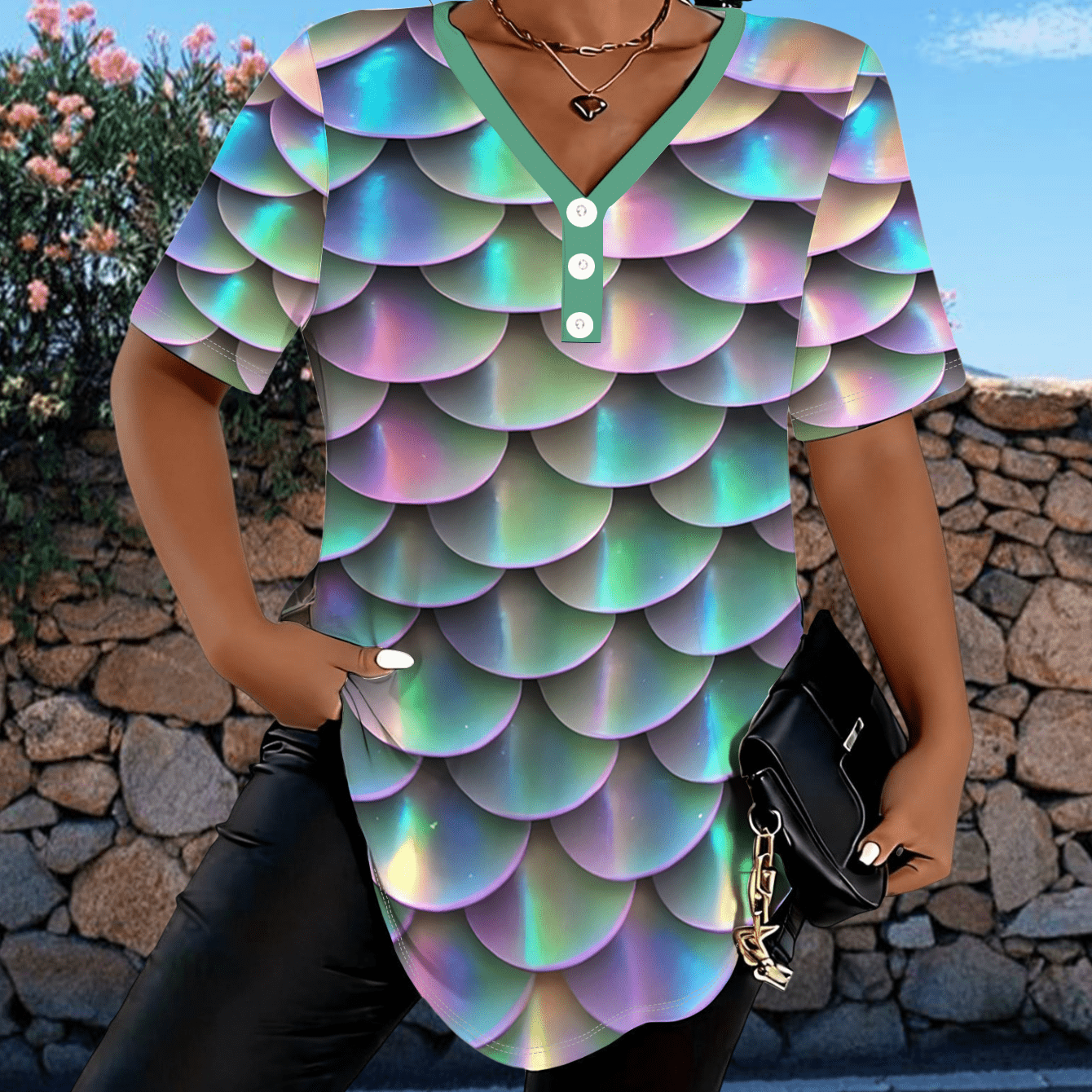 TEMU Haut à manches courtes et col en V à écailles iridescentes pour femmes grande taille, tendance unique et incontournable pour l'été