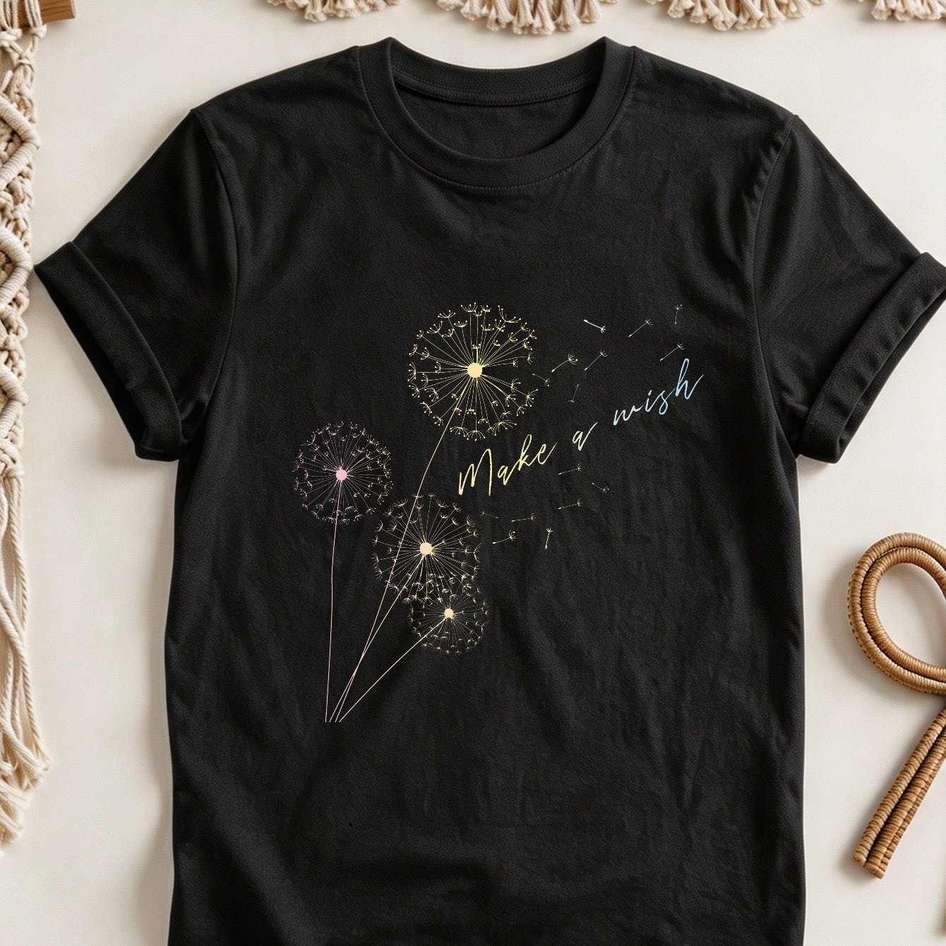 Image of Plus Size Women Dandelion Line Art Graphic Print Pure Short Sleeve Crew Neck T-shirt, Minimal Small Left Chest Graphic Print Tee, Casual Everyday Top For Late Summer Early Fall Layering Daily Wear