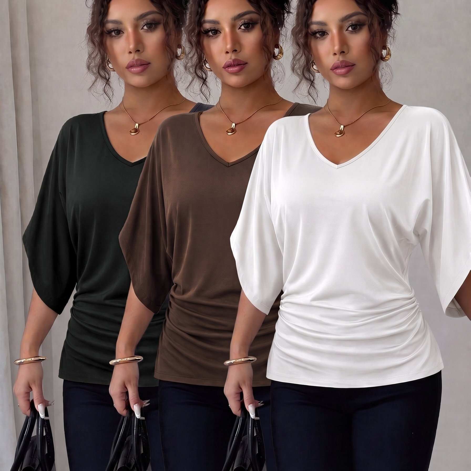 TEMU 3pcs Women's Fabric Ribbed V-neck Batwing Short Sleeve T-shirt, Casual Side Slim Fit Basic Top, Summer Smooth Solid Color Loose Mid-sleeve Daily