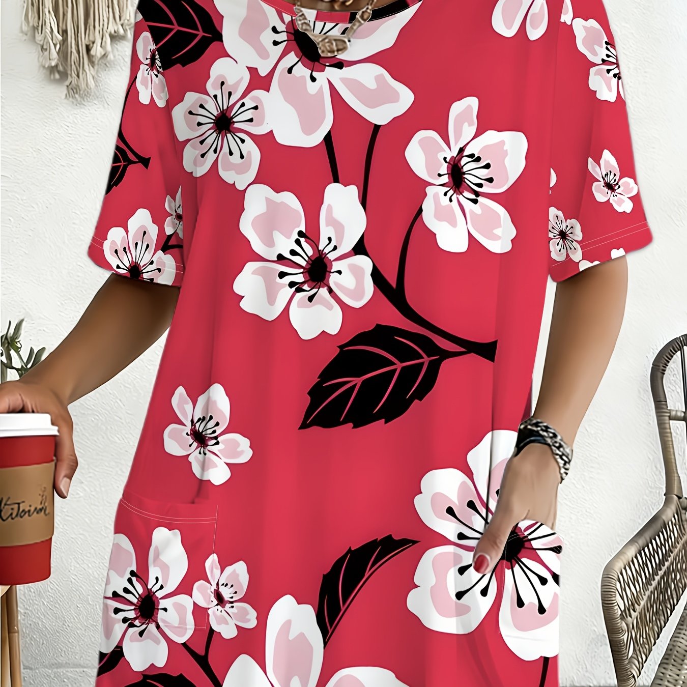 TEMU Plus Size Women's Summer Red Base And White Cherry Floral Chinese Style Literary Style Printed Pocket Round Neck Short Sleeve T-shirt Athletic