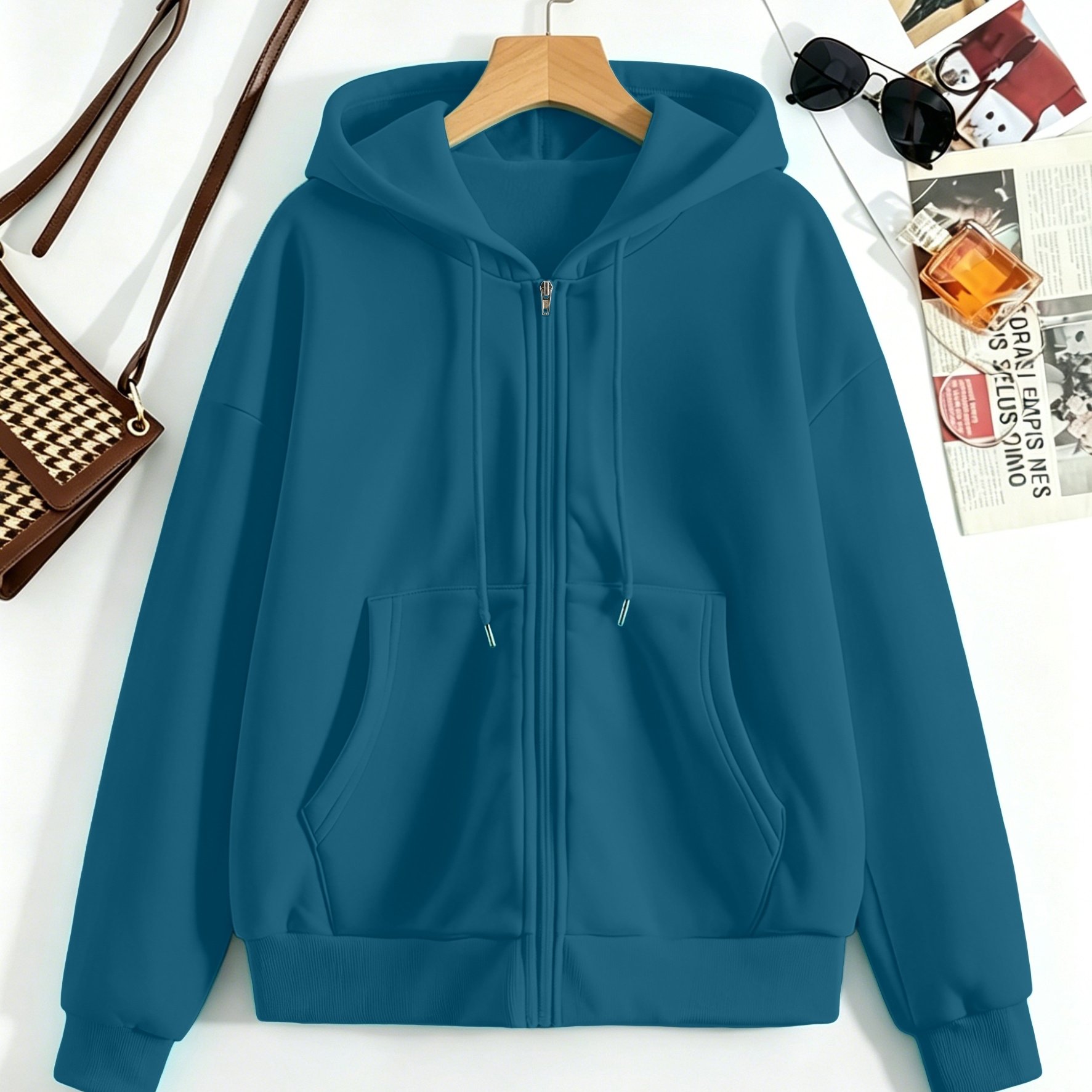 TEMU Clean Version Hooded Zip-up Sweatshirt Women's Fall Winter Style Loose Solid Color Versatile Casual Athletic Jacket