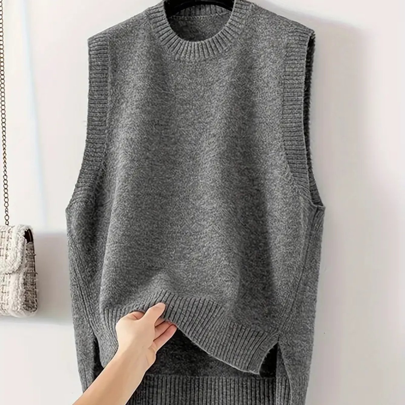 Women's Casual Vest, Sleeveless Crew Neck Waistcoat With Side Slits, Loose Fall & Winter Layering Piece, Wearable As Inner Layer Or Outerwear